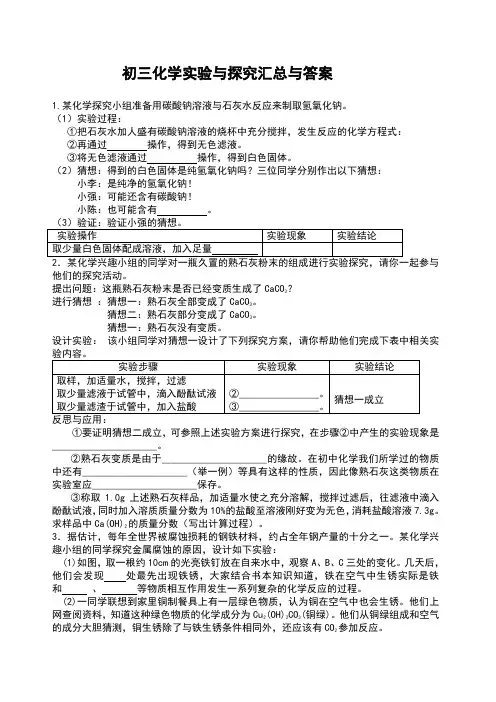 初三化学实验与探究题大全及答案