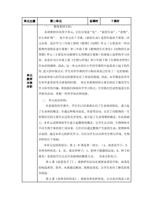 最新教科版科学四年级下册第二单元教材分析