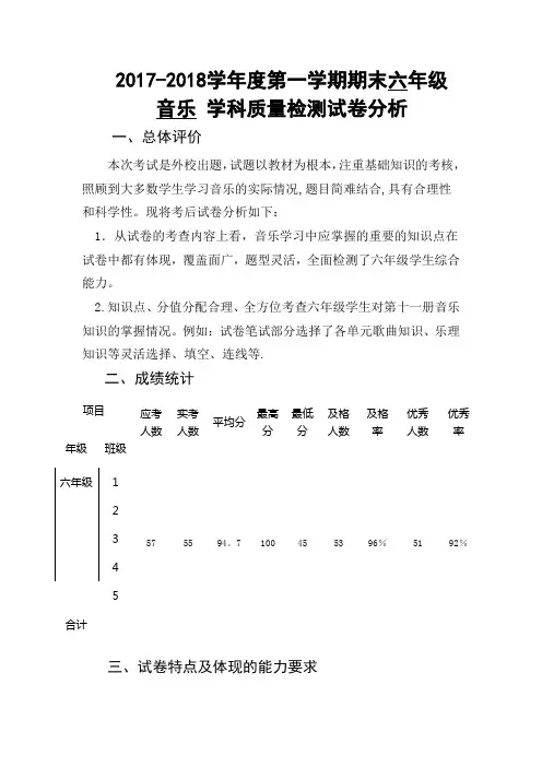 2017-2018学年度第一学期期中教学质量分析六年级音乐