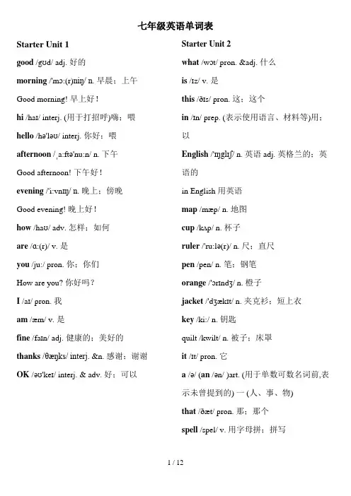 新版人教版七年级上册英语单词表(含音标)