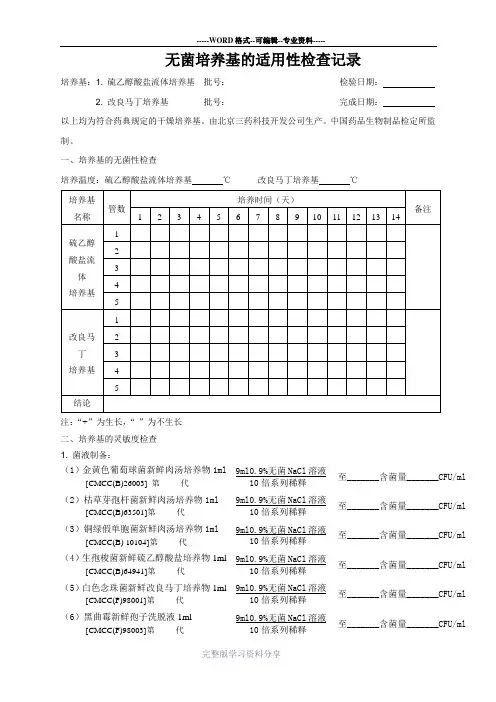 无菌培养基的适用性检查记录