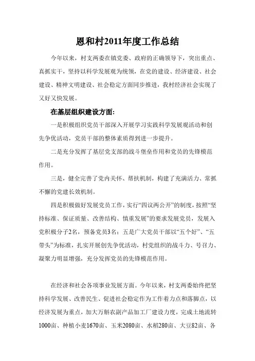 恩和村2011年度工作总结