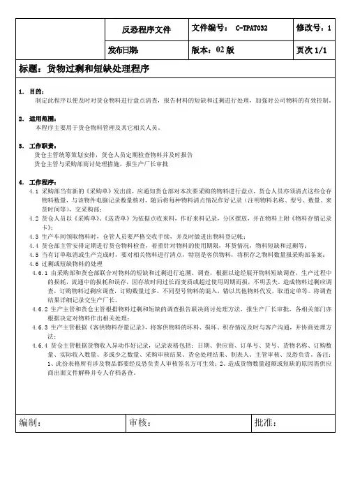 货物过剩和短缺处理程序
