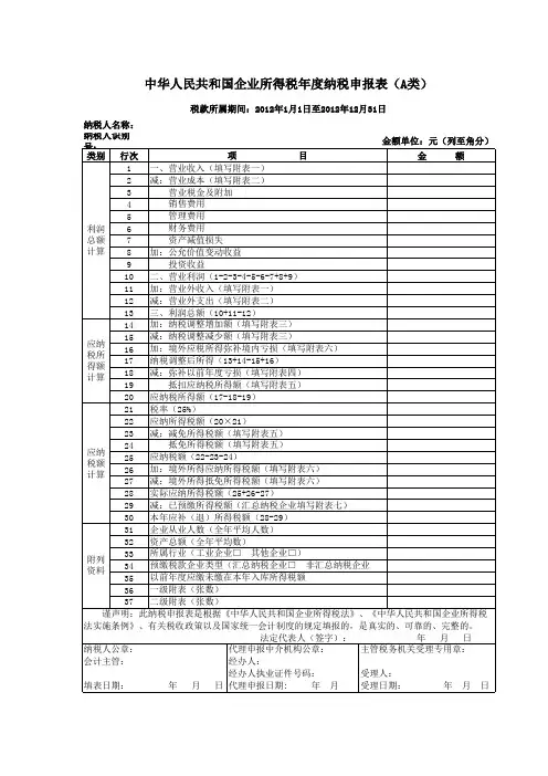 2012年企业所得税年度纳税申报表(A类)修订稿(4月10日)