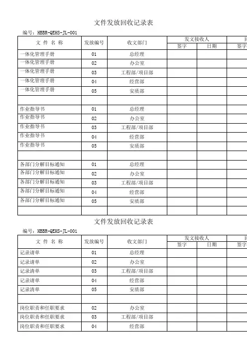 文件发放回收记录表