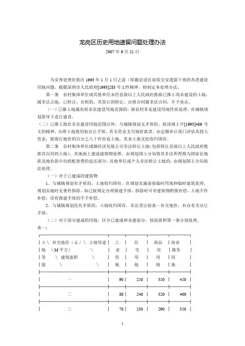龙岗区历史用地遗留问题处理办法(2007年9月21日)
