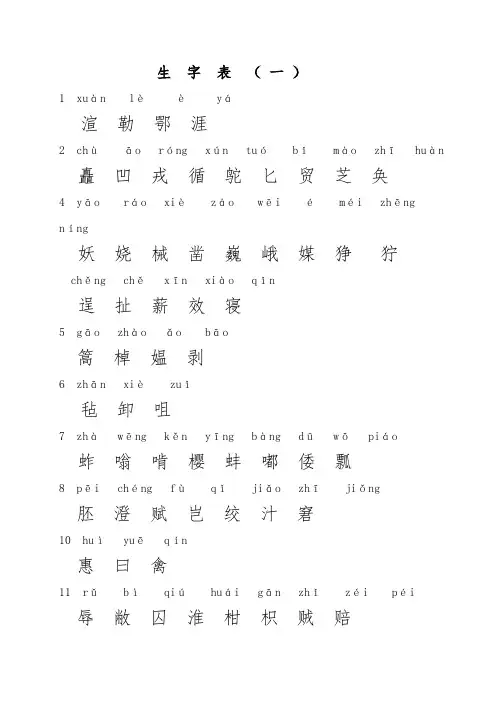 小学五年级语文(下册)生字表
