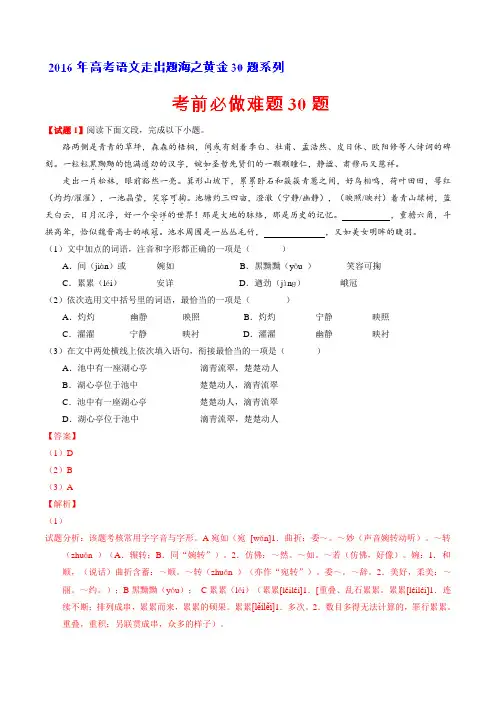 专题06 考前必做难题30题-2016年高考语文走出题海之黄金30题系列(解析版)