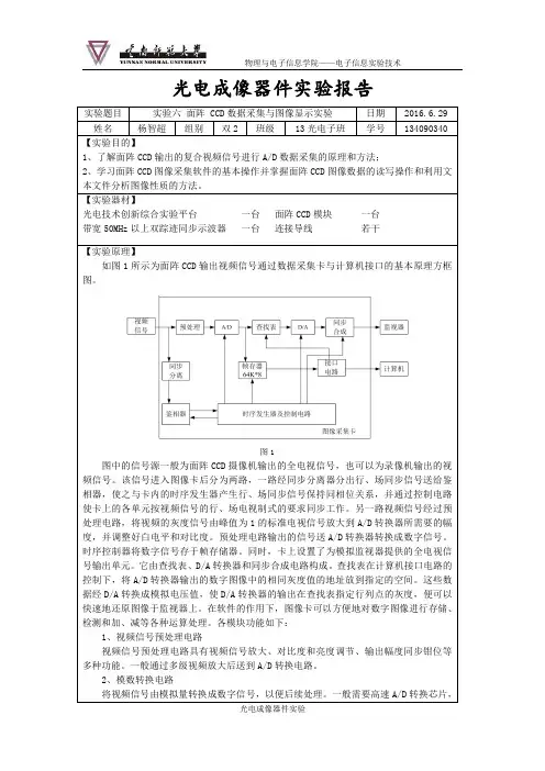 实验六 面阵 CCD数据采集与图像显示实验