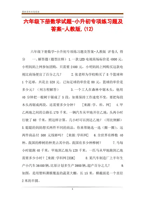六年级下册数学试题-小升初专项练习题及答案-人教版,(12)