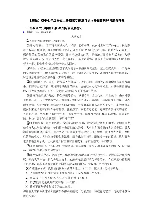 【精品】初中七年级语文上册期末专题复习课内外阅读理解训练含答案