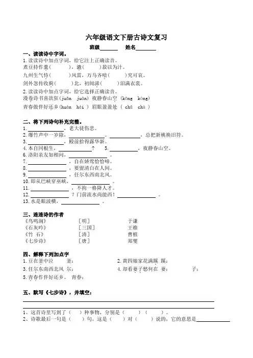 六年级下册古诗词复习