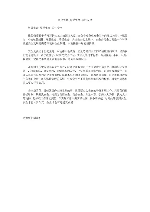 敬畏生命 珍爱生命 关注安全