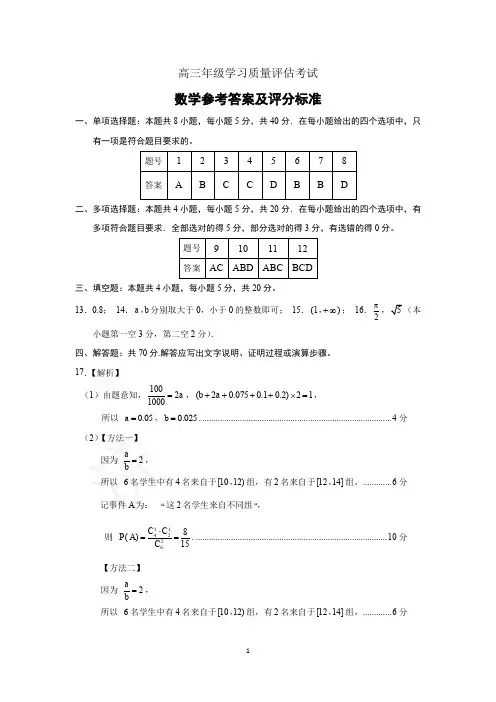 济南市高考数学5月模拟试题参考答案