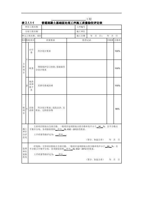 表2.1.1-1普通混凝土基础面处理工序施工质量验收评定表