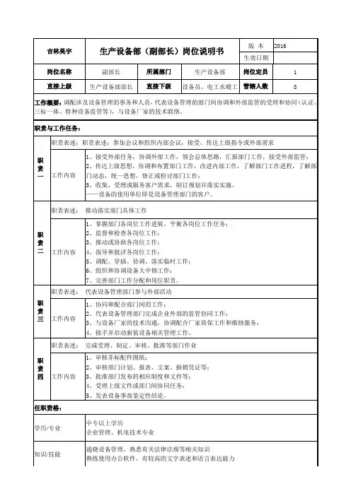 设备副部长岗位说明书