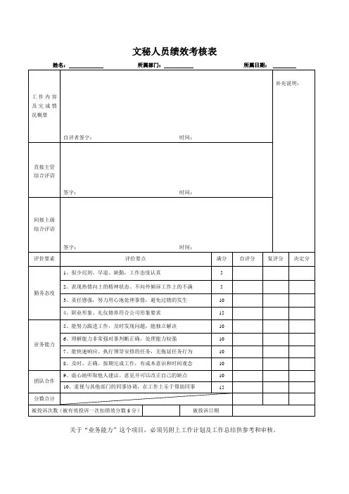 文秘人员考评表