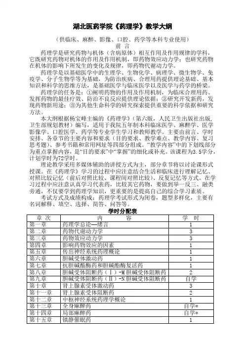 湖北医药学院 药理学大纲