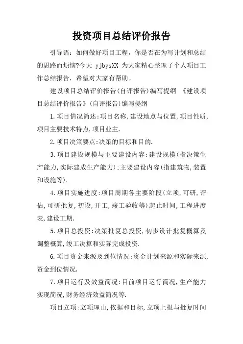 投资项目总结评价报告