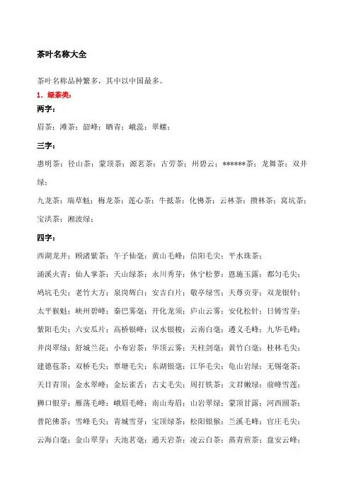 茶叶名称大全