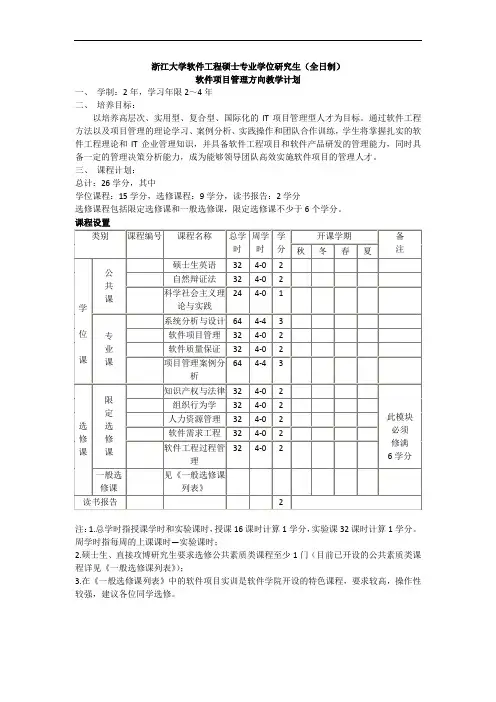浙江大学软件工程软件项目管理方向教学计划(硕士专业学位研究生全日制)和书单