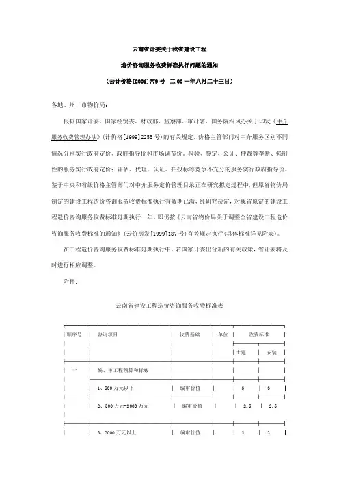 云南省工程造价收费标准