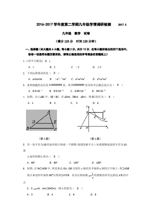 2016-2017学年度第二学期九年级学情调研检测