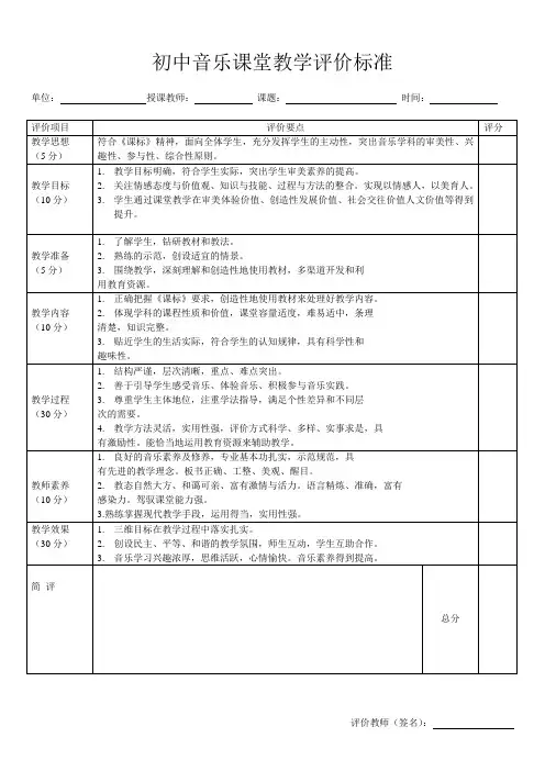 初中音乐课堂教学评价标准