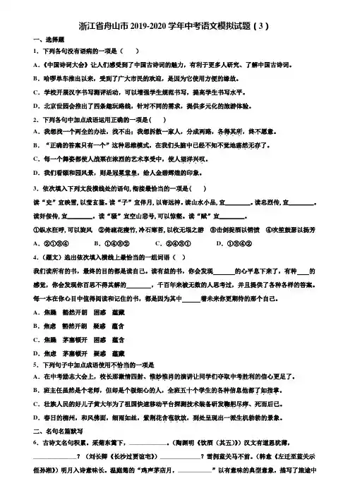 浙江省舟山市2019-2020学年中考语文模拟试题(3)含解析