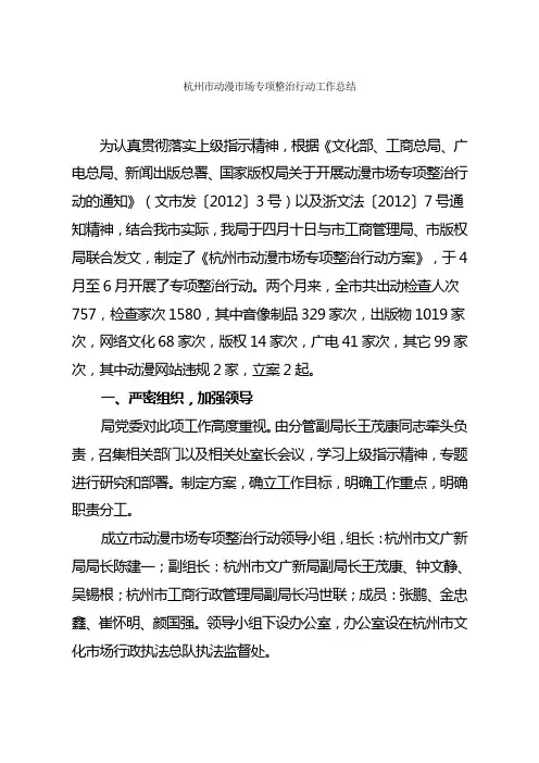 杭州市动漫市场专项整治行动工作总结