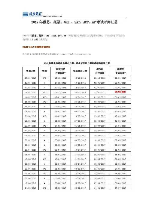 2017年雅思、托福、GRE 、SAT、ACT、AP考试时间汇总