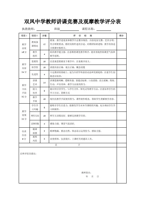 教师听课评分表