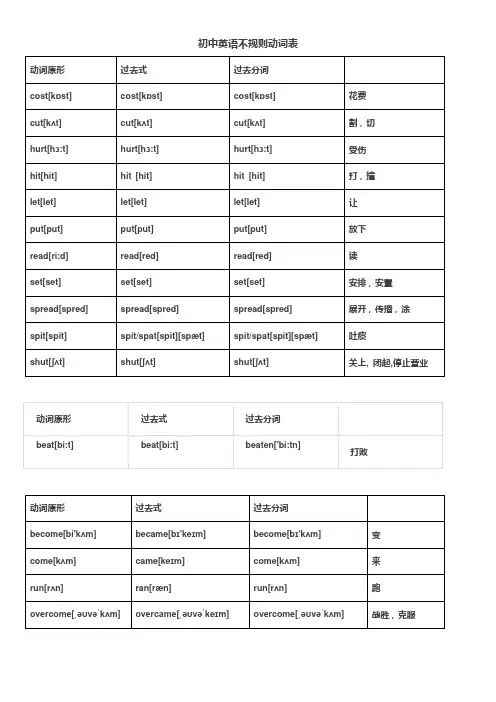 初中英语不规则动词表
