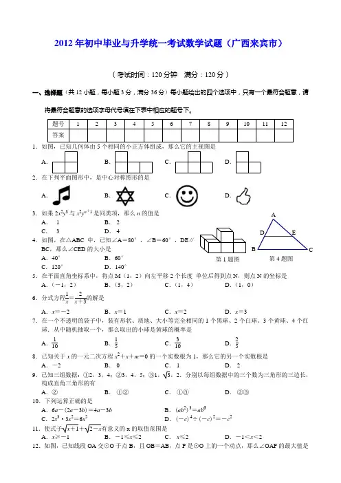 2012年初中毕业与升学统一考试数学试卷(广西来宾市)