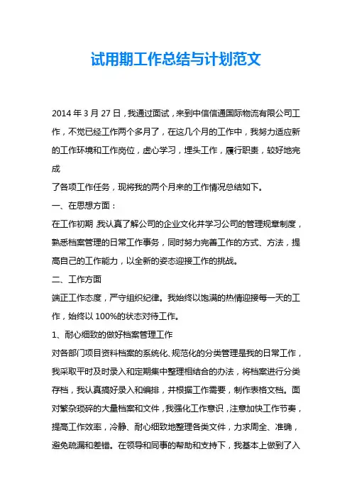 试用期工作总结与计划范文