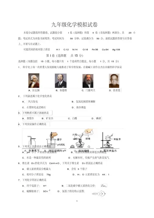 2020届九年级一模化学试题(含答案)