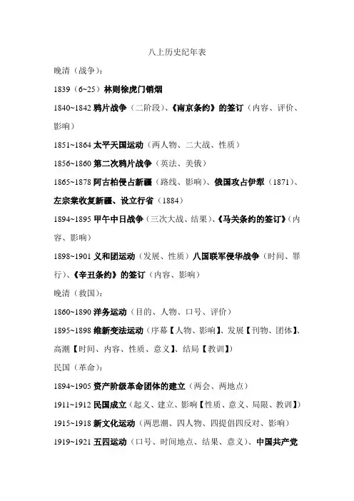 八上历史纪年表