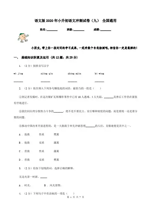 语文版2020年小升初语文冲刺试卷(九) 全国通用