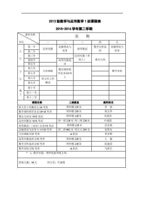 2013级数学与应用数学1班课程表