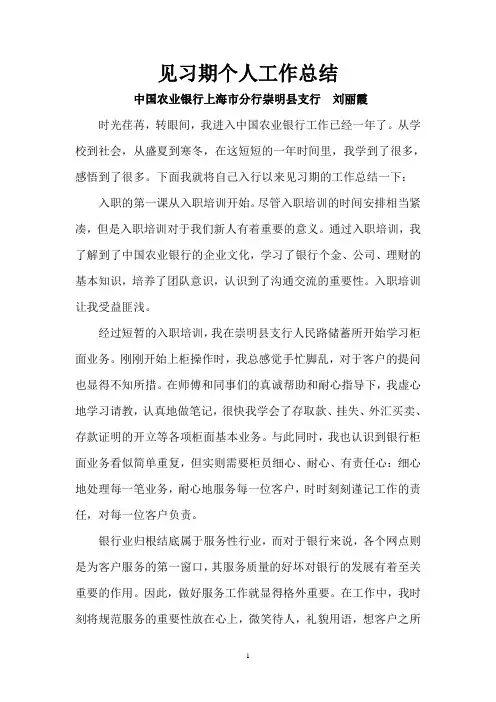 银行工作见习期工作总结