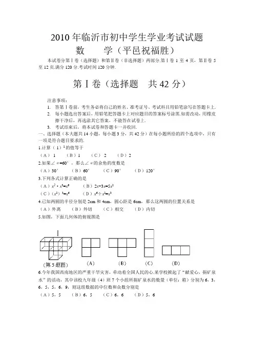山东省临沂市中考2010年数学试题及答案绝密版