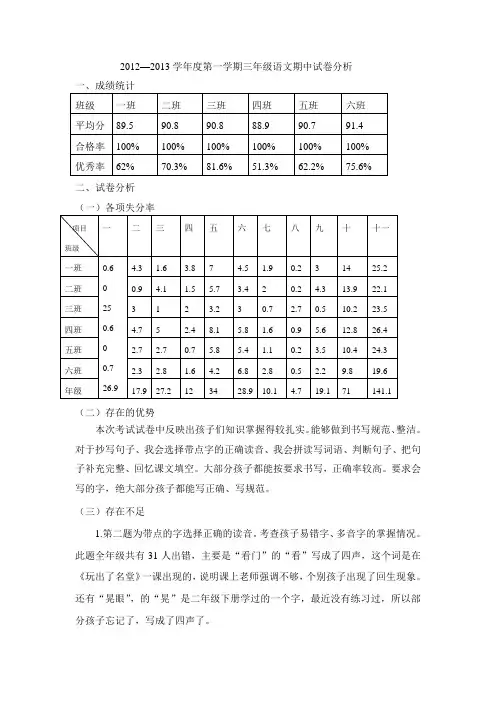 三年级语文期中试卷分析