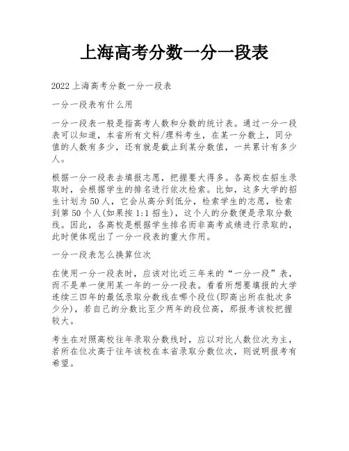 上海高考分数一分一段表