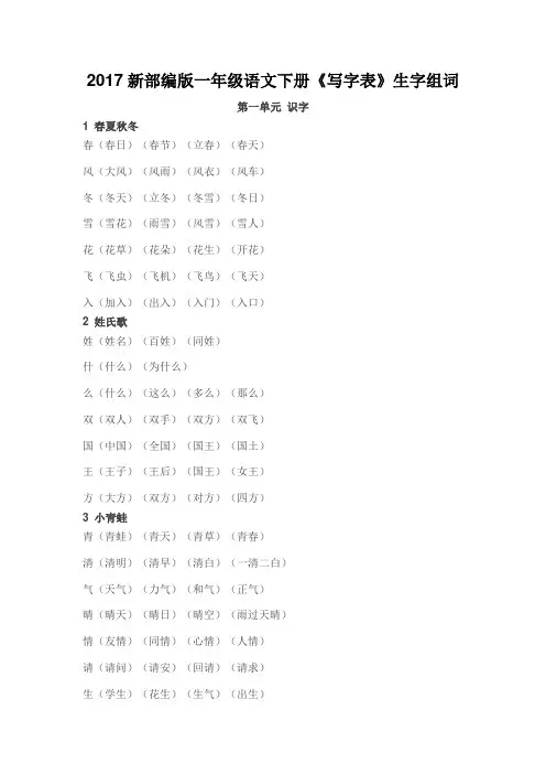 2017新部编版一年级下册语文《写字表》生字组词(精细整理)