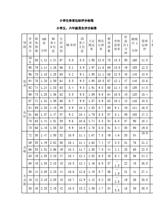 小学生体育达标评分标准
