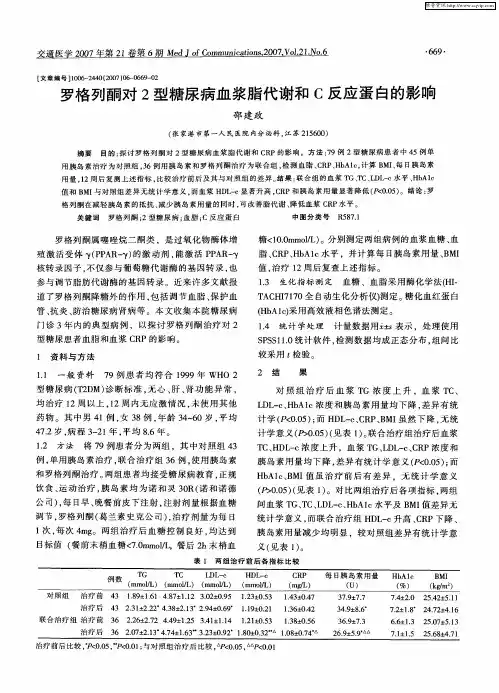 罗格列酮对2型糖尿病血浆脂代谢和C反应蛋白的影响