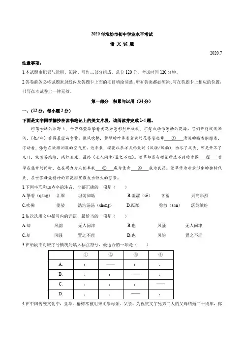 2020年山东省潍坊市中考语文试题