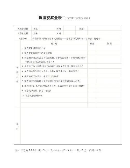 课堂观察量表二(教师行为等级量表)