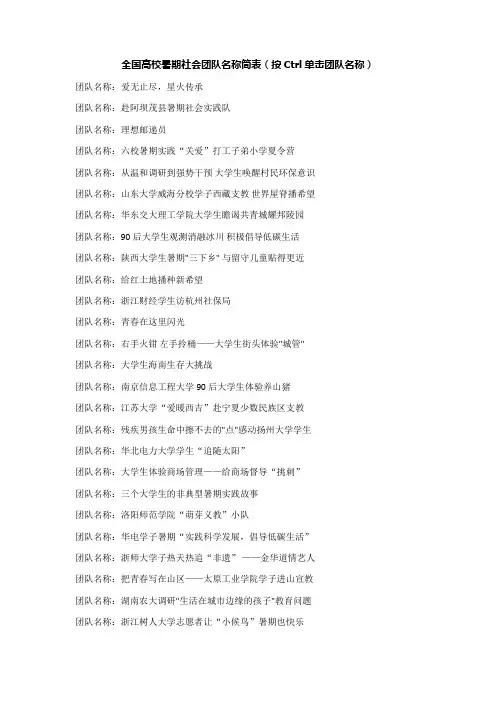 全国高校暑期社会团队名称简表