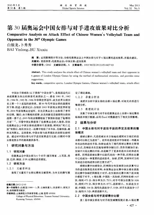第30届奥运会中国女排与对手进攻效果对比分析